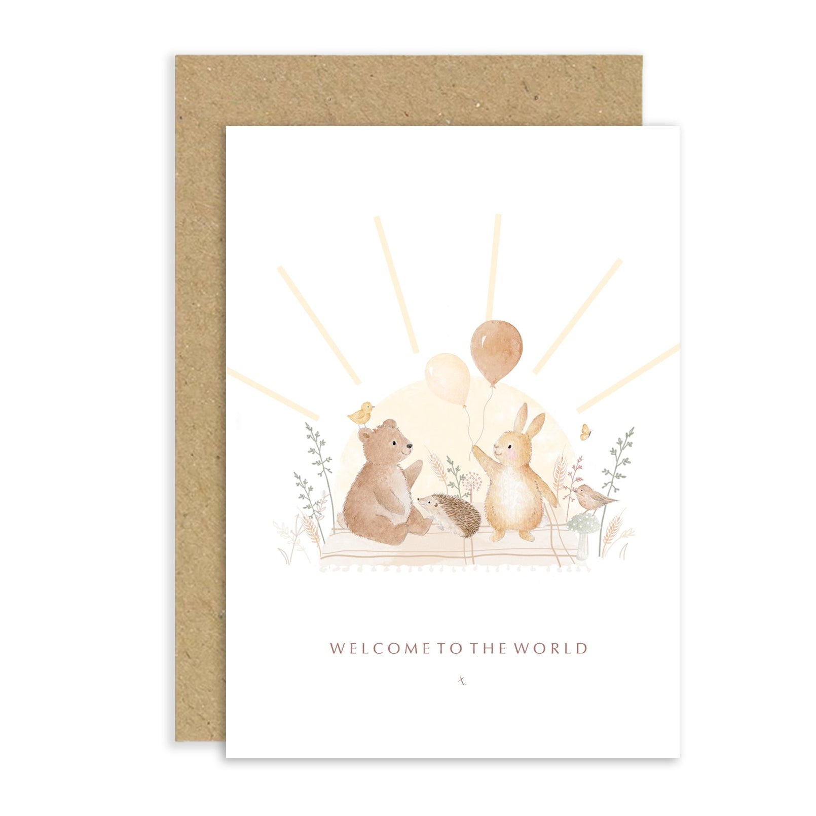 Newborn card with baby bear and rabbit illustration and 'Welcome to the World' text on a white background.